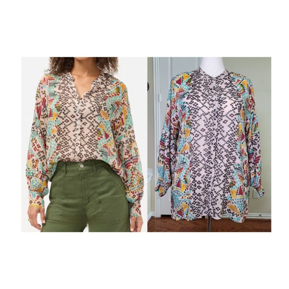 Johnny Was Malina Blouse Multicolor Women L Etris Print Button-up Bubble Sleeve